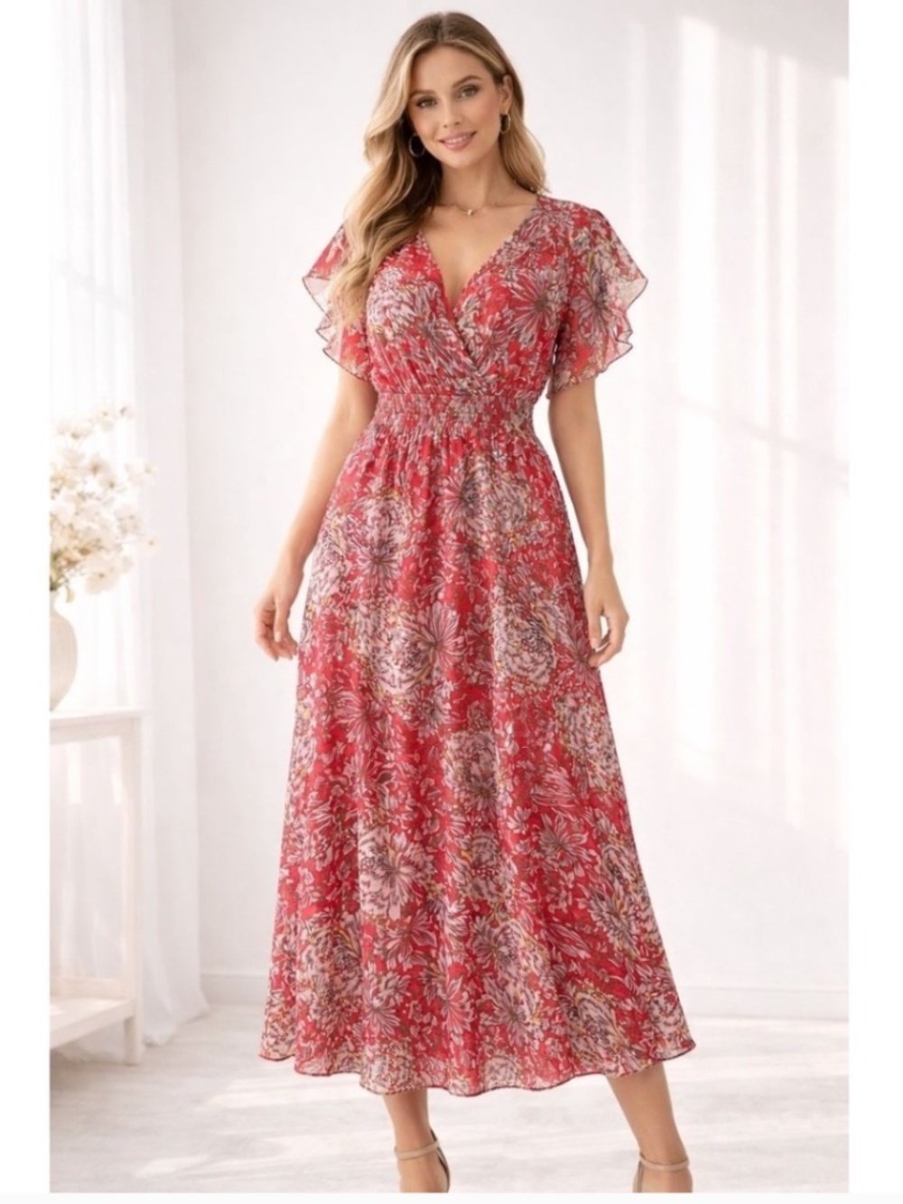 Le Ragazze Red V-neck Silk-Blended Maxi Print Dress Made in Italy Size Medium
